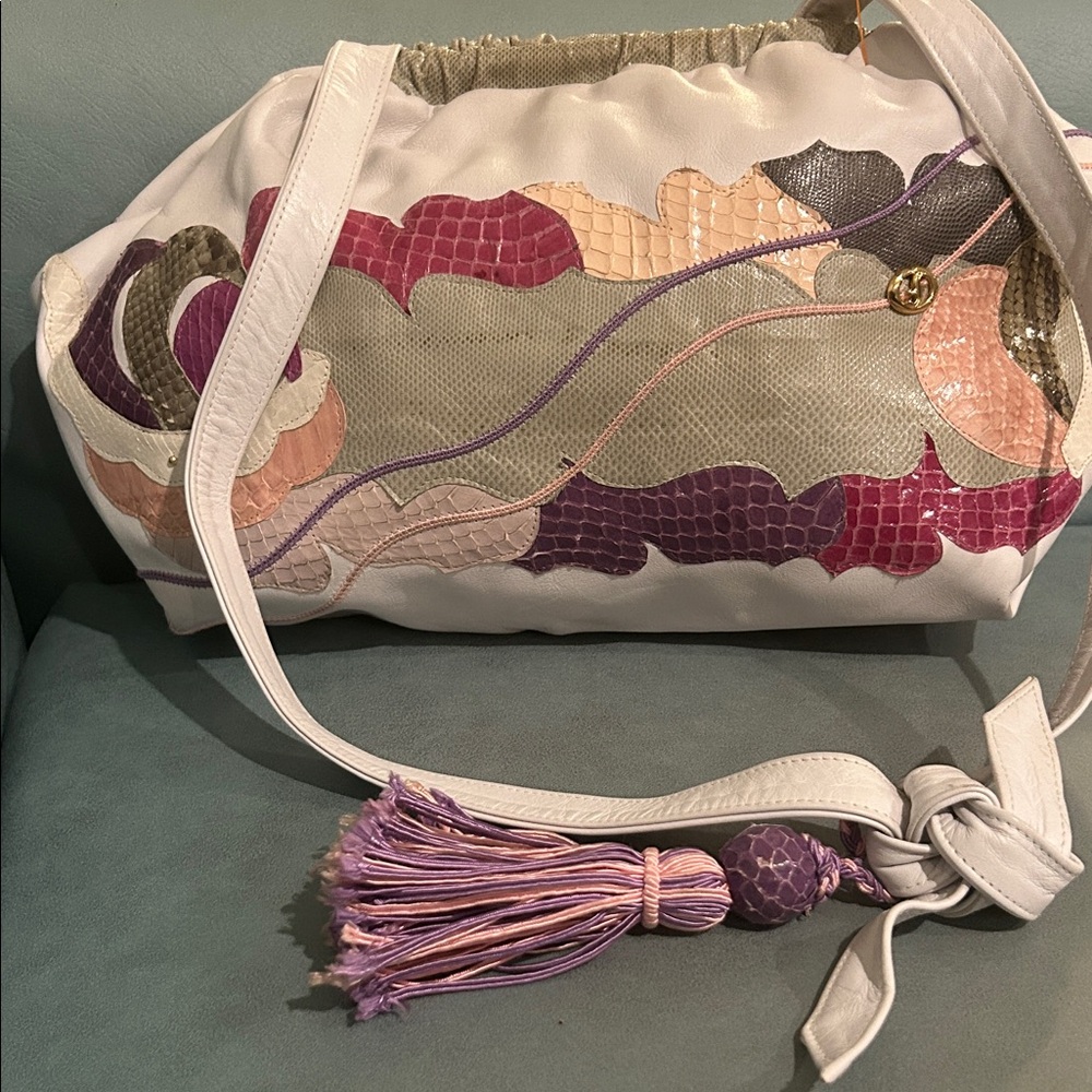 Carlos Fiori Vintage White Soft Leather Bag With Snakeskin and Lizard designs